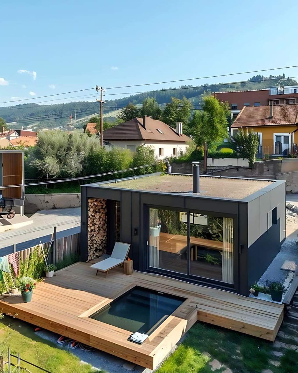 Баня с террасой, дровником, жилым помещением и бассейном